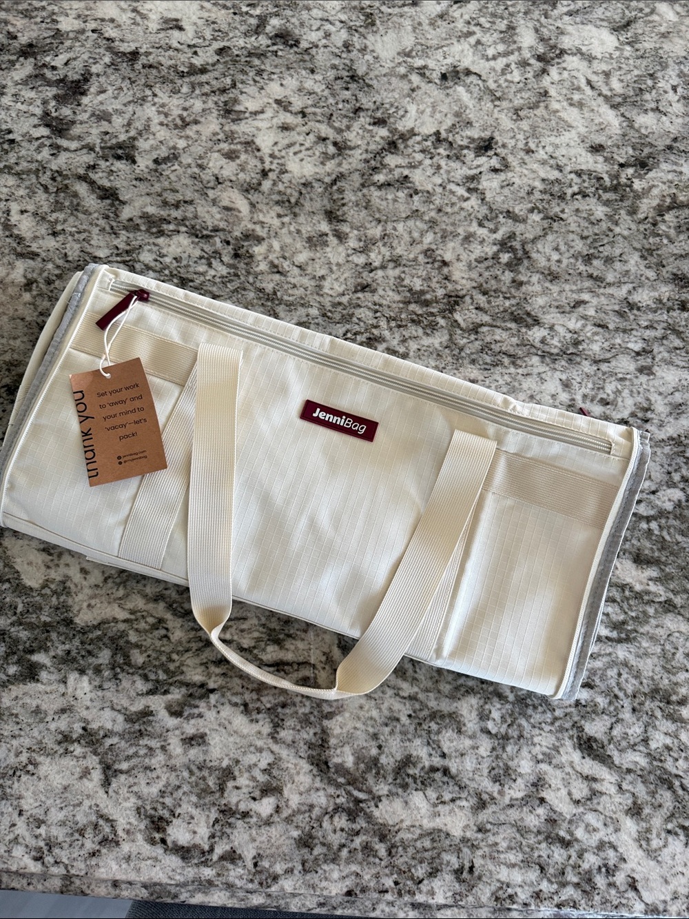 Jenni Cream Travel Organizer Tote with Burgundy Logo Accent